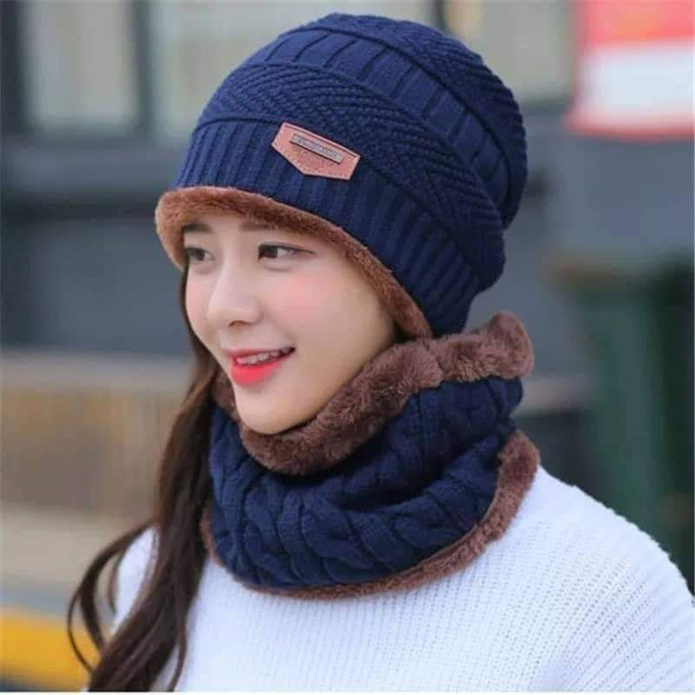 Wool Cap & Neck Warmer Set Fleece Mask Beanie for Men & Women