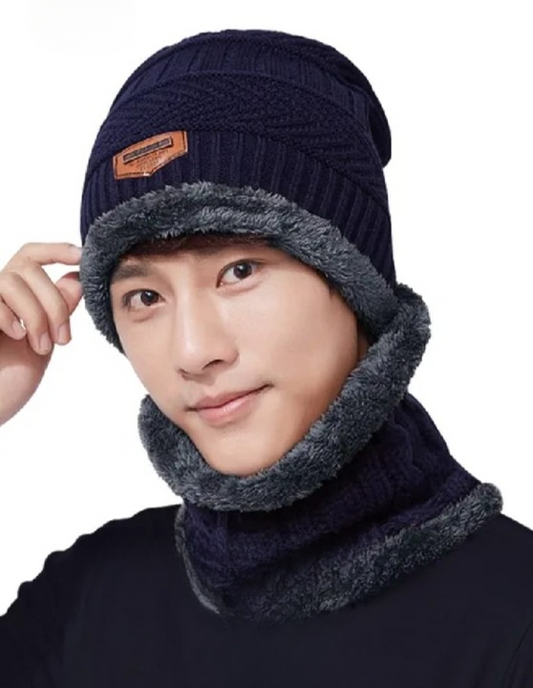 Wool Cap & Neck Warmer Set Fleece Mask Beanie for Men & Women